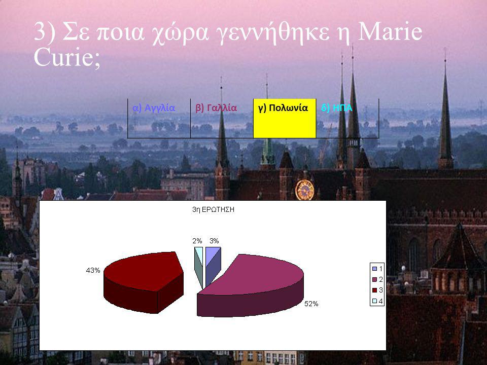 3) Σε ποια χώρα γεννήθηκε η Marie Curie; α) Αγγλίαβ) Γαλλίαγ) Πολωνίαδ) ΗΠΑ