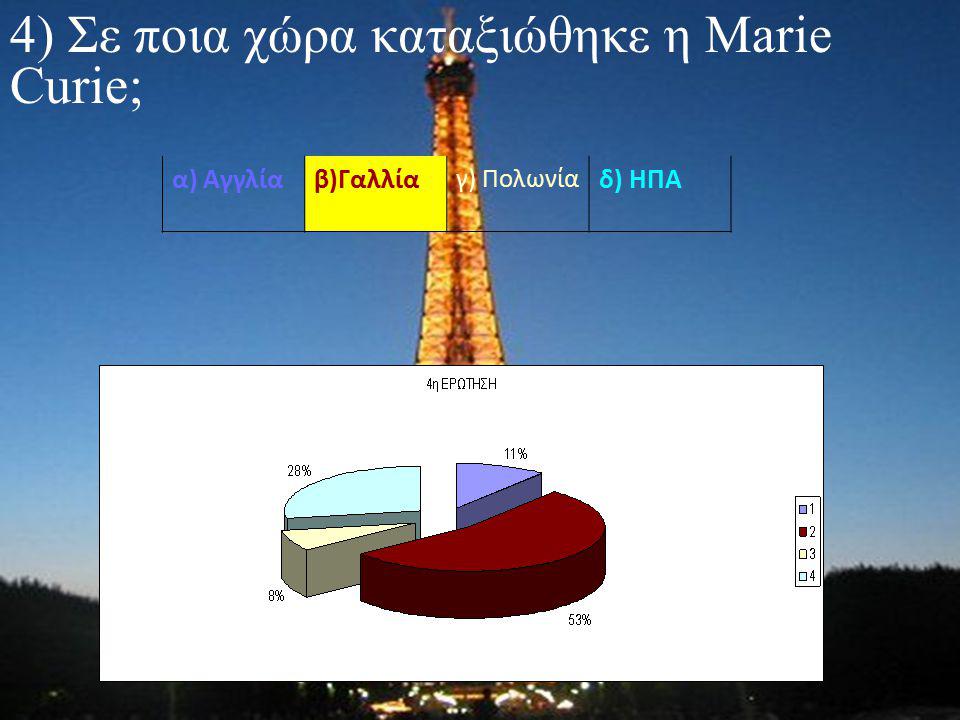 4) Σε ποια χώρα καταξιώθηκε η Marie Curie; α) Αγγλίαβ)Γαλλία γ) Πολωνία δ) ΗΠΑ