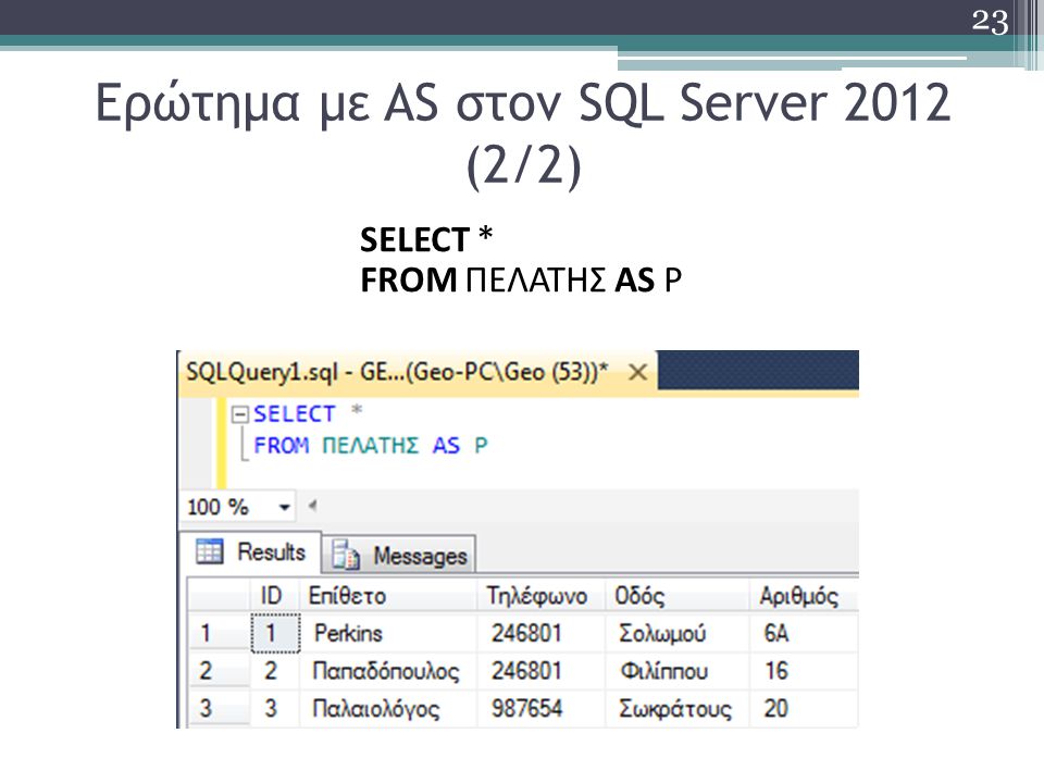 Ερώτημα με AS στον SQL Server 2012 (2/2) SELECT * FROM ΠΕΛΑΤΗΣ AS P 23