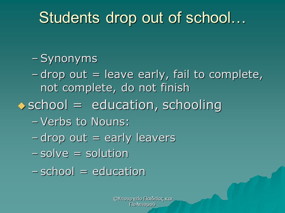 Students drop out of school… –Synonyms –drop out = leave early, fail to complete, not complete, do not finish  school = education, schooling –Verbs to Nouns: –drop out = early leavers –solve = solution –school = education ©Υπουργείο Παιδείας και Πολιτισμού