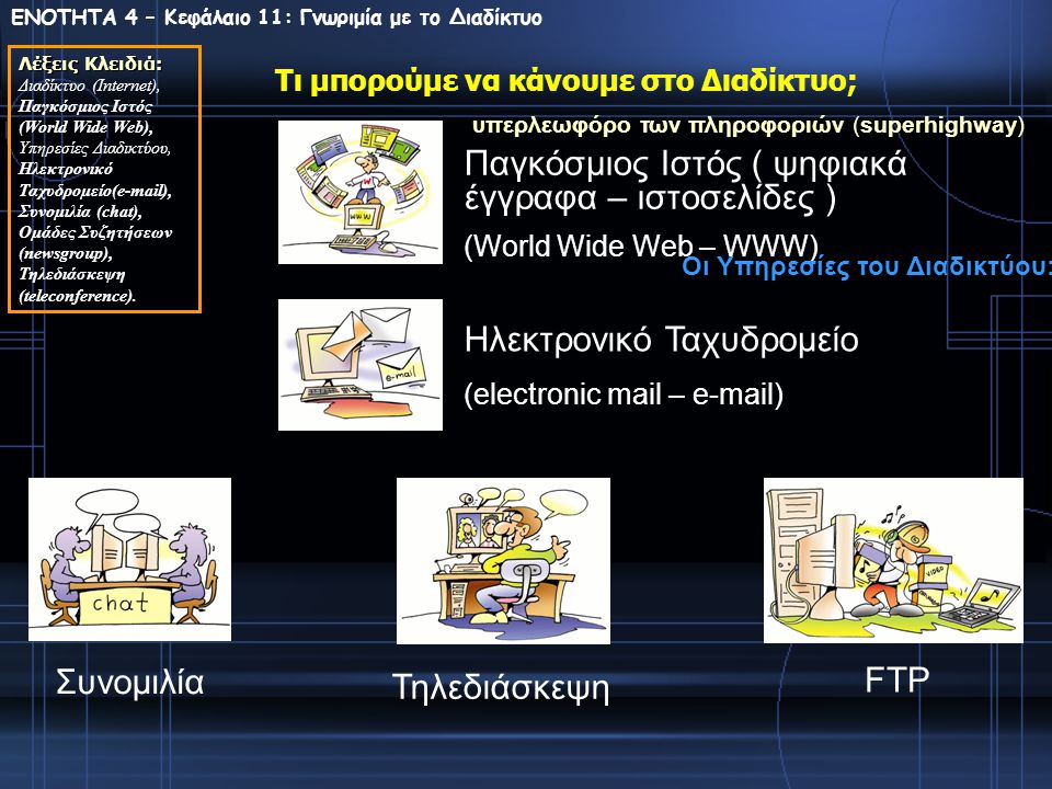 ΕΝΟΤΗΤΑ 4 – Κεφάλαιο 11: Γνωριμία με το Διαδίκτυο Λέξεις Κλειδιά: Διαδίκτυο (Ιnternet), Παγκόσμιος Ιστός (World Wide Web), Υπηρεσίες Διαδικτύου, Ηλεκτρονικό Ταχυδρομείο( ), Συνομιλία (chat), Ομάδες Συζητήσεων (newsgroup), Τηλεδιάσκεψη (teleconference).
