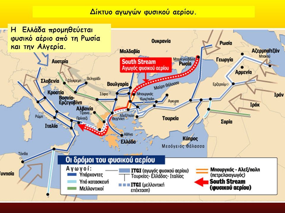 Δίκτυο αγωγών φυσικού αερίου. Η Ελλάδα προμηθεύεται φυσικό αέριο από τη Ρωσία και την Αλγερία.