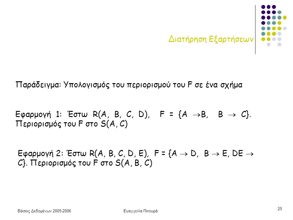 Βάσεις Δεδομένων Ευαγγελία Πιτουρά 25 Διατήρηση Εξαρτήσεων Παράδειγμα: Υπολογισμός του περιορισμού του F σε ένα σχήμα Εφαρμογή 1: Έστω R(A, B, C, D), F = {A  B, B  C}.