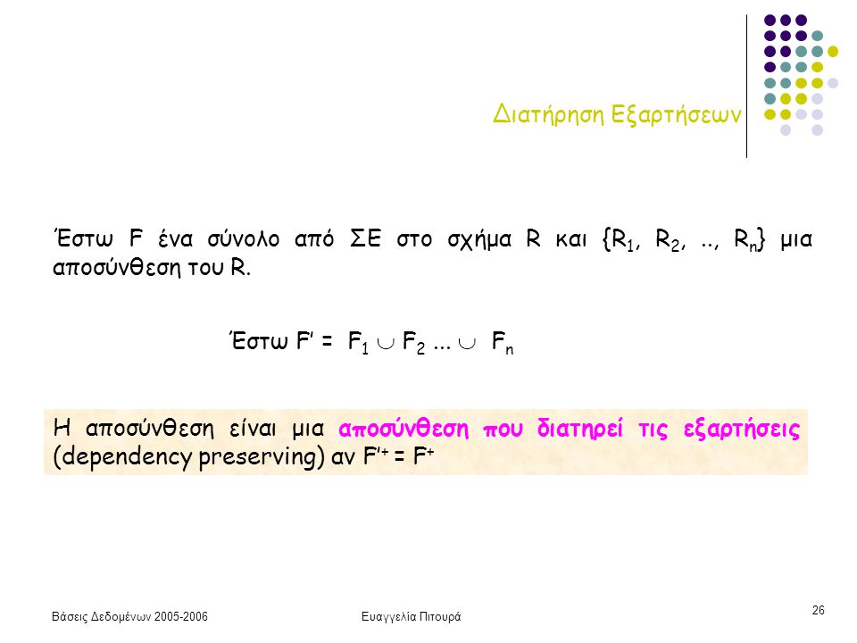 Βάσεις Δεδομένων Ευαγγελία Πιτουρά 26 Διατήρηση Εξαρτήσεων Η αποσύνθεση είναι μια αποσύνθεση που διατηρεί τις εξαρτήσεις (dependency preserving) αν F’ + = F + Έστω F ένα σύνολο από ΣΕ στο σχήμα R και {R 1, R 2,.., R n } μια αποσύνθεση του R.