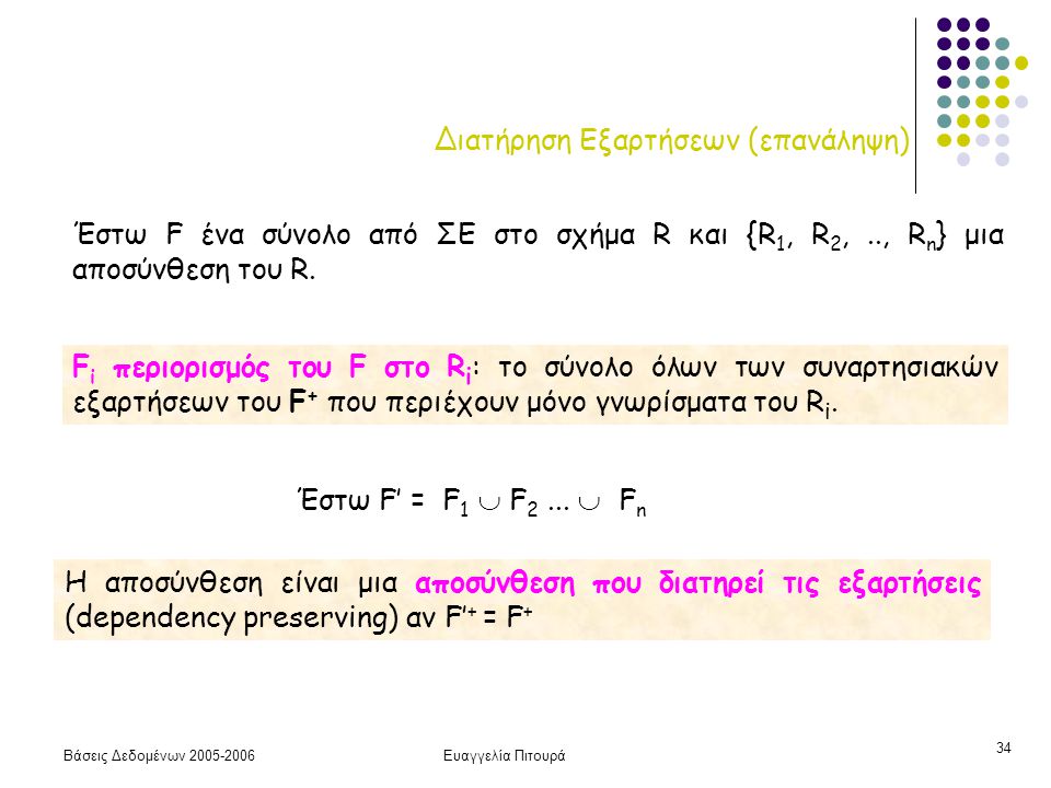 Βάσεις Δεδομένων Ευαγγελία Πιτουρά 34 Διατήρηση Εξαρτήσεων (επανάληψη) Η αποσύνθεση είναι μια αποσύνθεση που διατηρεί τις εξαρτήσεις (dependency preserving) αν F’ + = F + Έστω F ένα σύνολο από ΣΕ στο σχήμα R και {R 1, R 2,.., R n } μια αποσύνθεση του R.