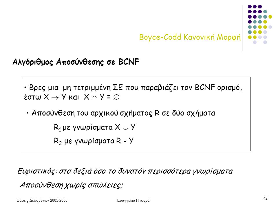 Βάσεις Δεδομένων Ευαγγελία Πιτουρά 42 Boyce-Codd Κανονική Μορφή Αλγόριθμος Αποσύνθεσης σε BCNF Βρες μια μη τετριμμένη ΣΕ που παραβιάζει τον BCNF ορισμό, έστω X  Y και Χ  Υ =  Αποσύνθεση του αρχικού σχήματος R σε δύο σχήματα R 1 με γνωρίσματα Χ  Y R 2 με γνωρίσματα R - Y Ευριστικός: στα δεξιά όσο το δυνατόν περισσότερα γνωρίσματα Αποσύνθεση χωρίς απώλειες;