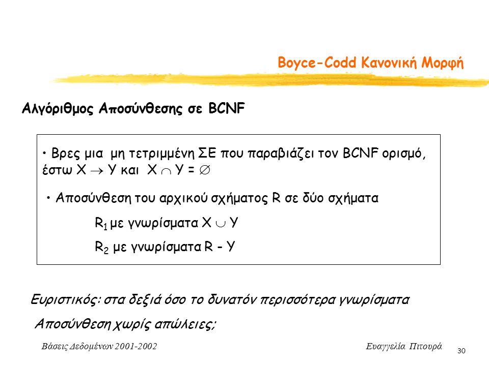 Βάσεις Δεδομένων Ευαγγελία Πιτουρά 30 Boyce-Codd Κανονική Μορφή Αλγόριθμος Αποσύνθεσης σε BCNF Βρες μια μη τετριμμένη ΣΕ που παραβιάζει τον BCNF ορισμό, έστω X  Y και Χ  Υ =  Αποσύνθεση του αρχικού σχήματος R σε δύο σχήματα R 1 με γνωρίσματα Χ  Y R 2 με γνωρίσματα R - Y Ευριστικός: στα δεξιά όσο το δυνατόν περισσότερα γνωρίσματα Αποσύνθεση χωρίς απώλειες;