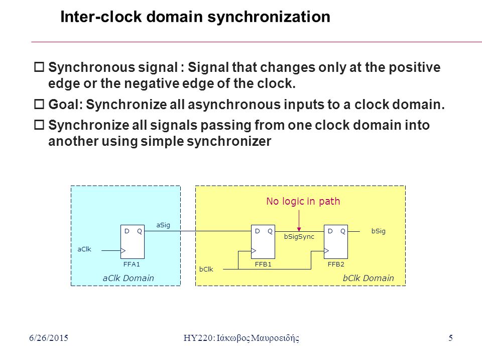 6/26/2015HY220: Ιάκωβος Μαυροειδής5 Inter-clock domain synchronization  Synchronous signal : Signal that changes only at the positive edge or the negative edge of the clock.