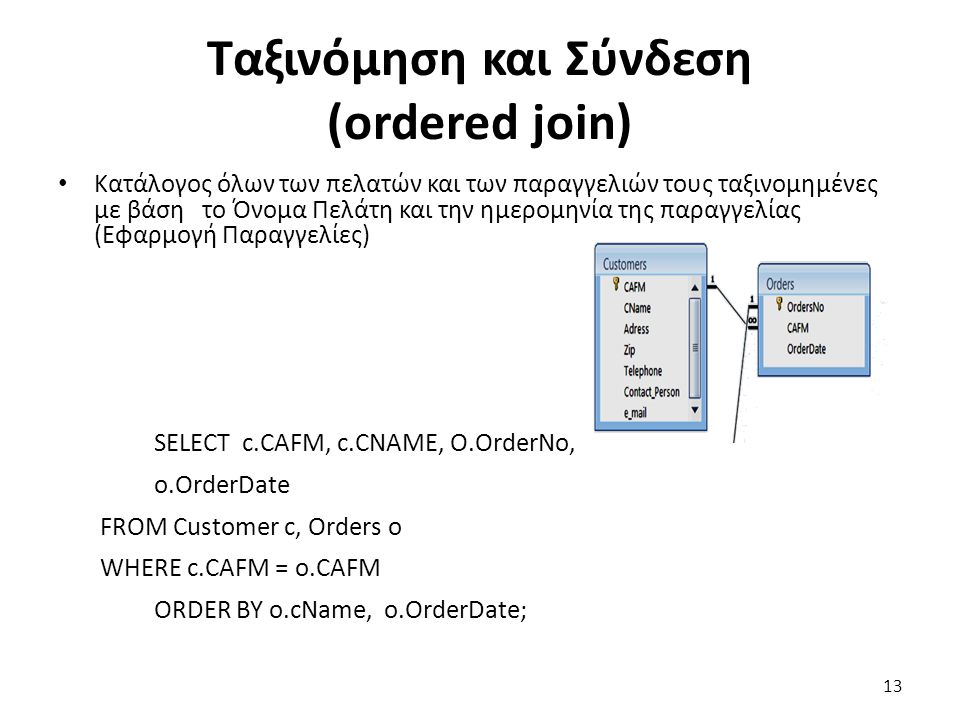 Ταξινόμηση και Σύνδεση (ordered join) Κατάλογος όλων των πελατών και των παραγγελιών τους ταξινομημένες με βάση το Όνομα Πελάτη και την ημερομηνία της παραγγελίας (Εφαρμογή Παραγγελίες) SELECT c.CAFM, c.CNAME, O.OrderNo, o.OrderDate FROM Customer c, Orders o WHERE c.CAFM = o.CAFM ORDER BY o.cName, o.OrderDate; 13