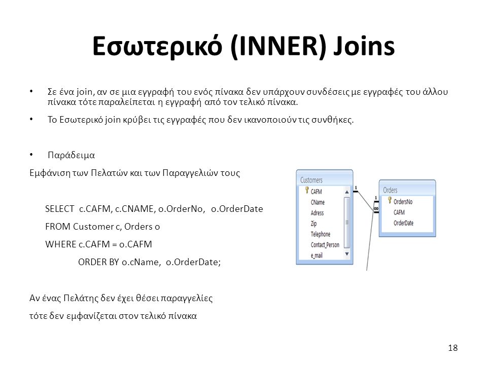 Εσωτερικό (INNER) Joins Σε ένα join, αν σε μια εγγραφή του ενός πίνακα δεν υπάρχουν συνδέσεις με εγγραφές του άλλου πίνακα τότε παραλείπεται η εγγραφή από τον τελικό πίνακα.
