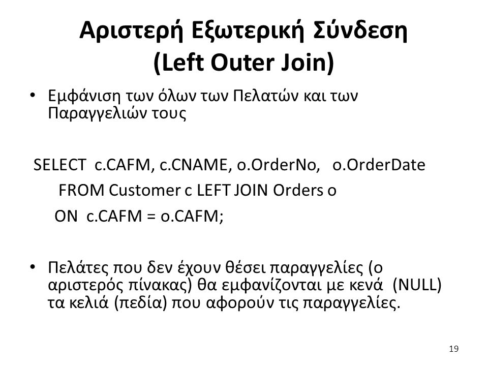 Αριστερή Εξωτερική Σύνδεση (Left Outer Join) Εμφάνιση των όλων των Πελατών και των Παραγγελιών τους SELECT c.CAFM, c.CNAME, ο.OrderNo, o.OrderDate FROM Customer c LEFT JOIN Orders o ON c.CAFM = o.CAFM; Πελάτες που δεν έχουν θέσει παραγγελίες (ο αριστερός πίνακας) θα εμφανίζονται με κενά (NULL) τα κελιά (πεδία) που αφορούν τις παραγγελίες.