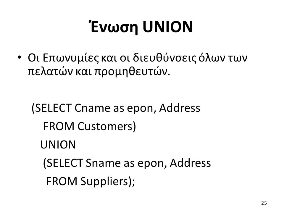 Ένωση UNION Οι Επωνυμίες και οι διευθύνσεις όλων των πελατών και προμηθευτών.