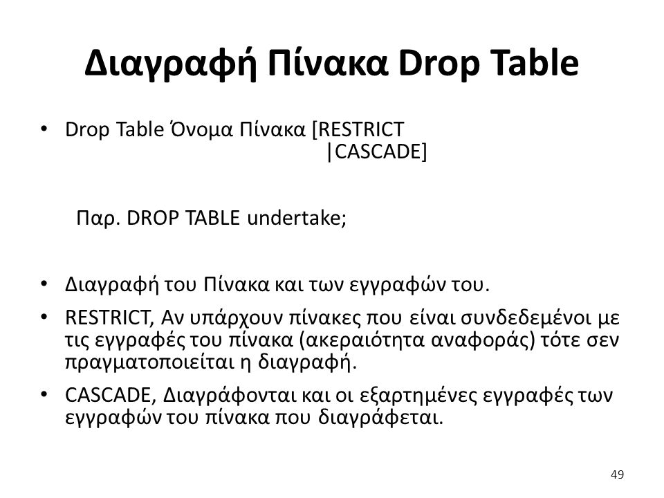 Διαγραφή Πίνακα Drop Table Drop Table Όνομα Πίνακα [RESTRICT |CASCADE] Παρ.