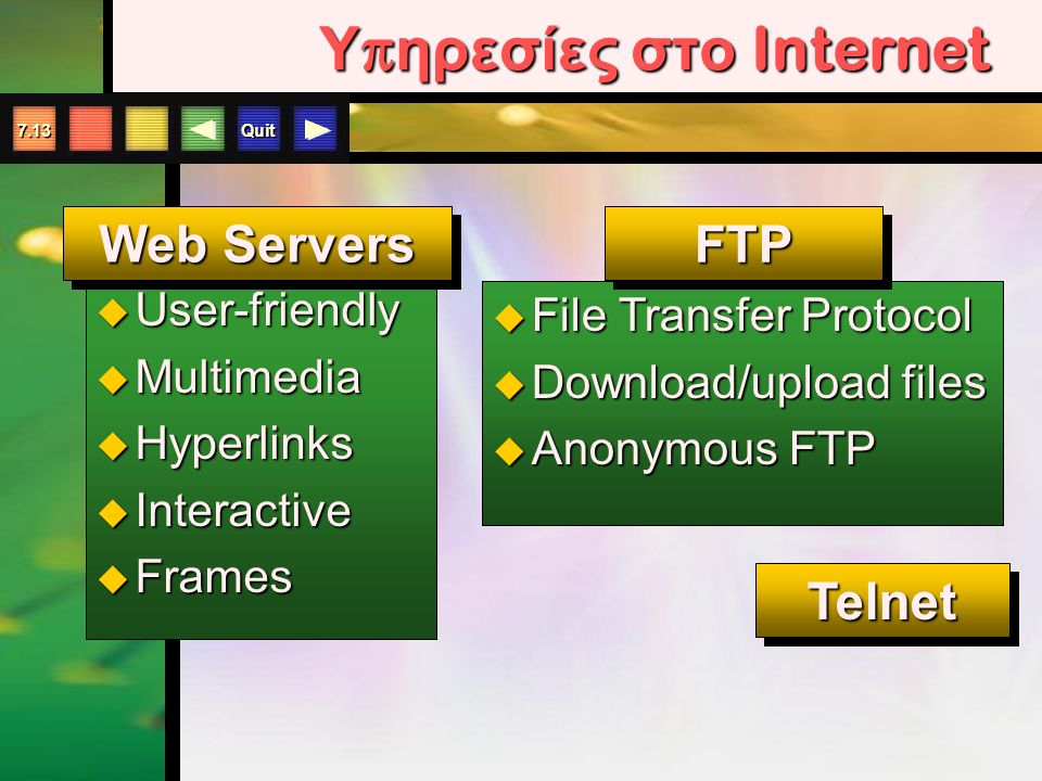 Quit 7.13 Υ π ηρεσίες στο Internet  User-friendly  Multimedia  Hyperlinks  Interactive  Frames Web Servers  File Transfer Protocol  Download/upload files  Anonymous FTP TelnetTelnet FTPFTP