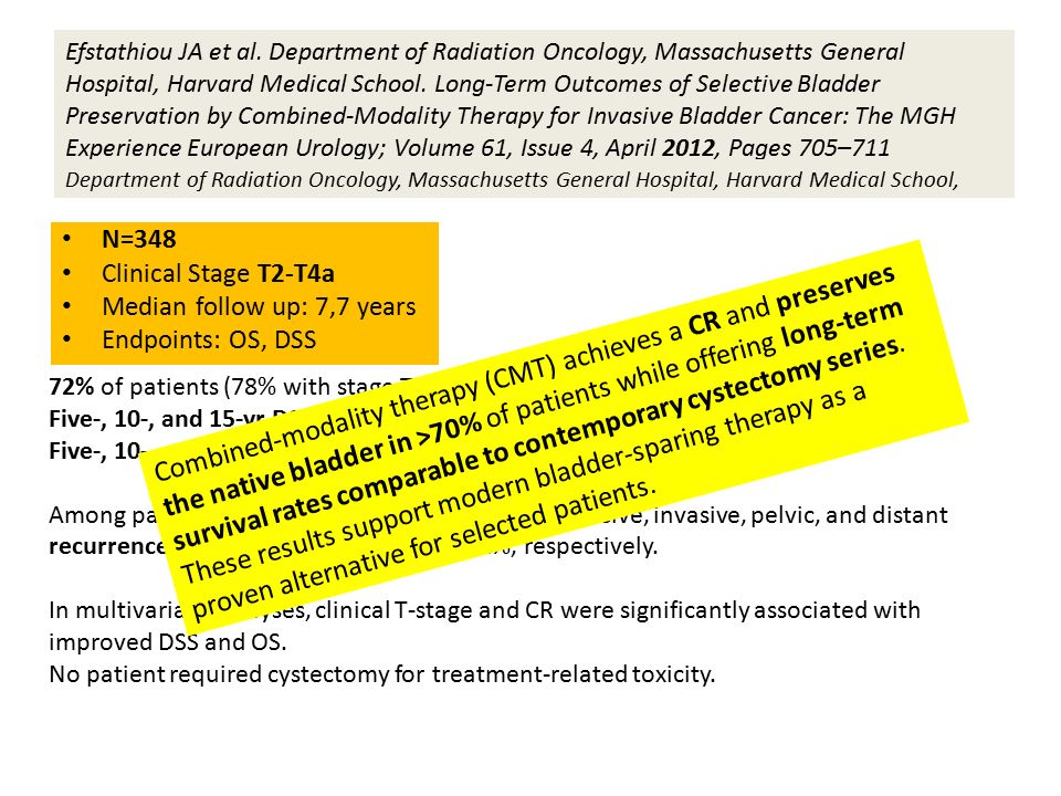 Ν=348 Clinical Stage Τ2-Τ4a Median follow up: 7,7 years Endpoints: OS, DSS 72% of patients (78% with stage T2) had CR to induction therapy.