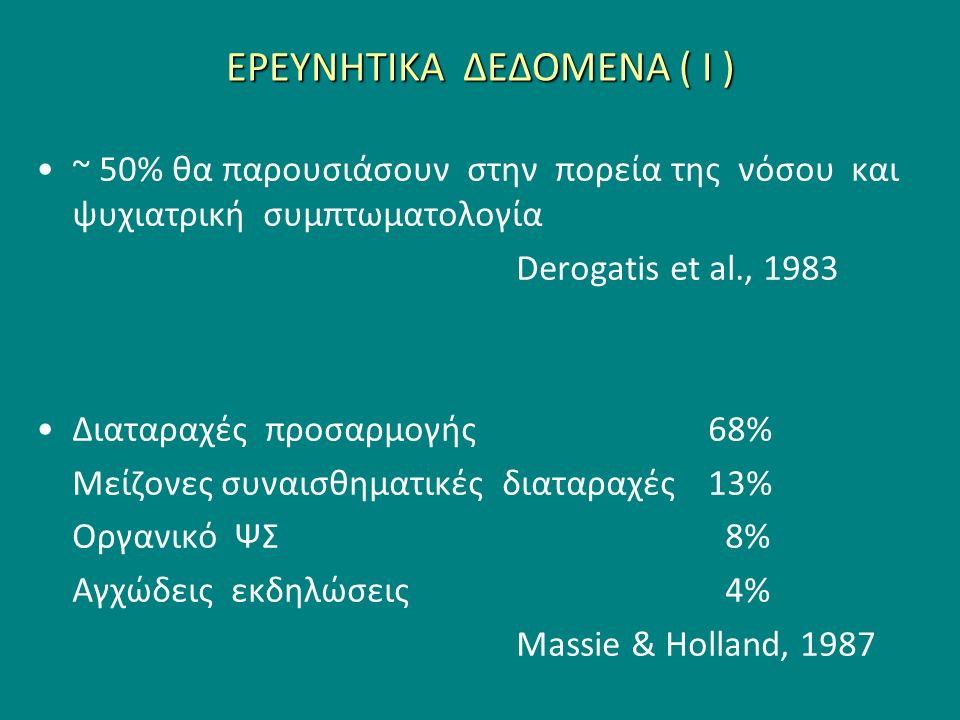 ΕΡΕΥΝΗΤΙΚΑ ΔΕΔΟΜΕΝΑ ( Ι ) ~ 50% θα παρουσιάσουν στην πορεία της νόσου και ψυχιατρική συμπτωματολογία Derogatis et al., 1983 Διαταραχές προσαρμογής68% Μείζονες συναισθηματικές διαταραχές13% Οργανικό ΨΣ 8% Αγχώδεις εκδηλώσεις 4% Massie & Holland, 1987