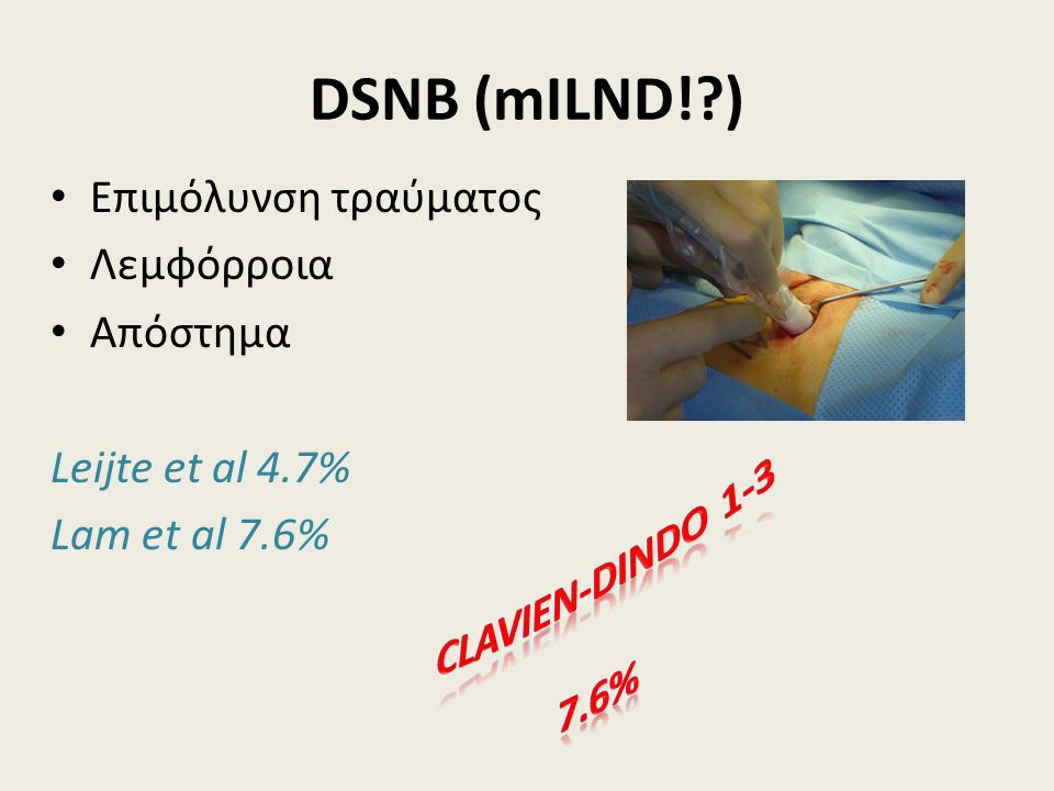 DSNB (mILND! ) Επιμόλυνση τραύματος Λεμφόρροια Απόστημα Leijte et al 4.7% Lam et al 7.6%