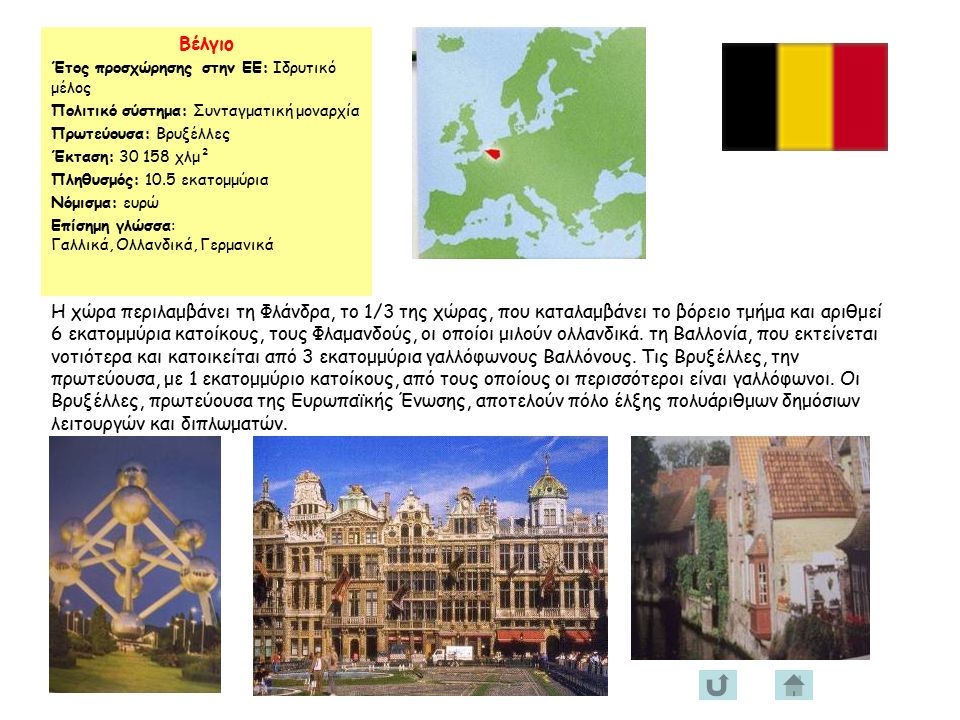 Βέλγιο Έτος προσχώρησης στην ΕΕ: Ιδρυτικό μέλος Πολιτικό σύστημα: Συνταγματική μοναρχία Πρωτεύουσα: Βρυξέλλες Έκταση: χλμ² Πληθυσμός: 10.5 εκατομμύρια Νόμισμα: ευρώ Επίσημη γλώσσα: Γαλλικά, Ολλανδικά, Γερμανικά Η χώρα περιλαμβάνει τη Φλάνδρα, το 1/3 της χώρας, που καταλαμβάνει το βόρειο τμήμα και αριθμεί 6 εκατομμύρια κατοίκους, τους Φλαμανδούς, οι οποίοι μιλούν ολλανδικά.