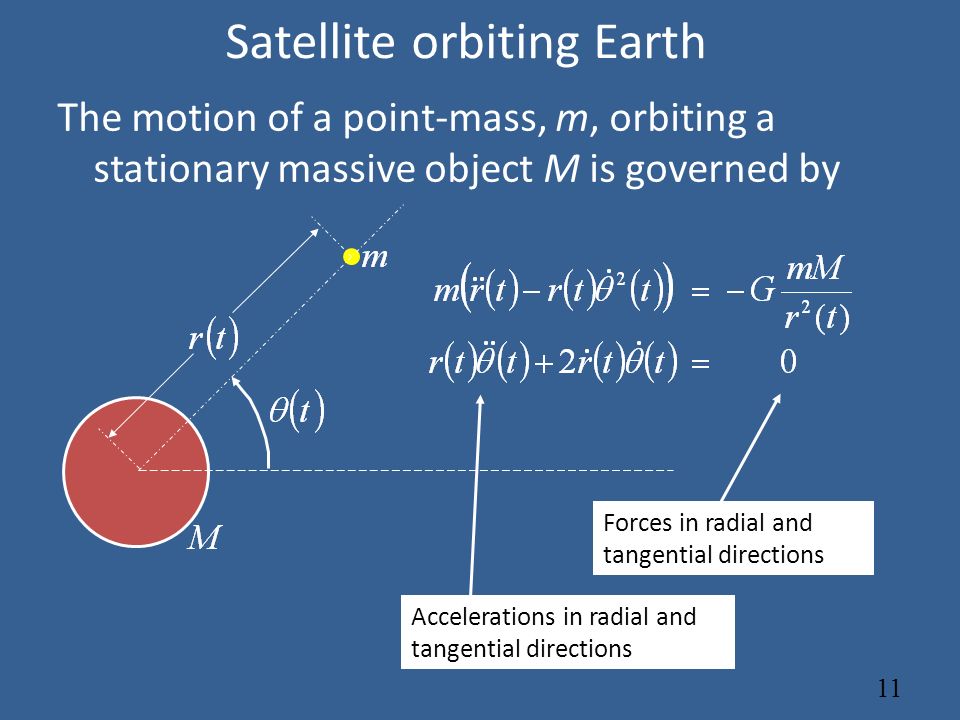 Satellite orbiting Earth The motion of a point-mass, m, orbiting a stationary massive object M is governed by Accelerations in radial and tangential directions Forces in radial and tangential directions 11