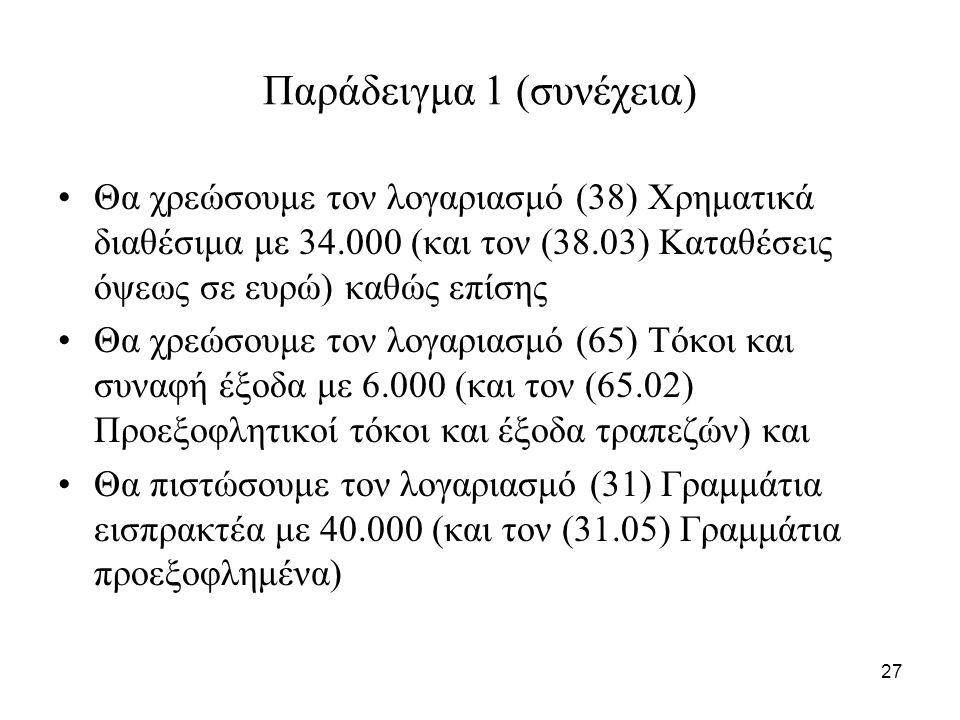 27 Παράδειγμα 1 (συνέχεια) Θα χρεώσουμε τον λογαριασμό (38) Χρηματικά διαθέσιμα με (και τον (38.03) Καταθέσεις όψεως σε ευρώ) καθώς επίσης Θα χρεώσουμε τον λογαριασμό (65) Τόκοι και συναφή έξοδα με (και τον (65.02) Προεξοφλητικοί τόκοι και έξοδα τραπεζών) και Θα πιστώσουμε τον λογαριασμό (31) Γραμμάτια εισπρακτέα με (και τον (31.05) Γραμμάτια προεξοφλημένα)
