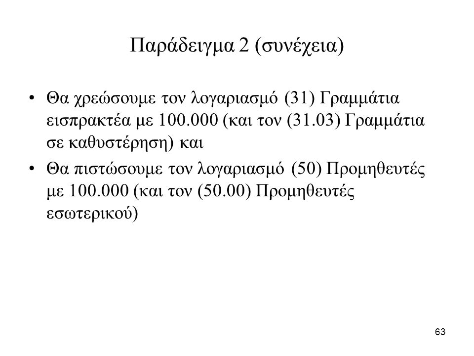 63 Παράδειγμα 2 (συνέχεια) Θα χρεώσουμε τον λογαριασμό (31) Γραμμάτια εισπρακτέα με (και τον (31.03) Γραμμάτια σε καθυστέρηση) και Θα πιστώσουμε τον λογαριασμό (50) Προμηθευτές με (και τον (50.00) Προμηθευτές εσωτερικού)