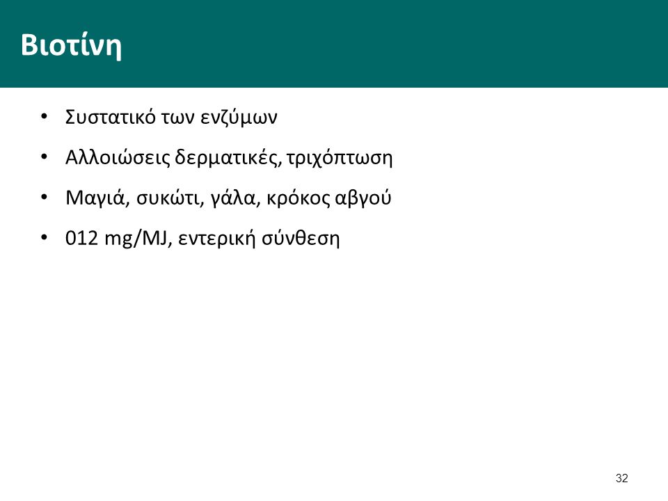 32 Βιοτίνη Συστατικό των ενζύμων Αλλοιώσεις δερματικές, τριχόπτωση Μαγιά, συκώτι, γάλα, κρόκος αβγού 012 mg/MJ, εντερική σύνθεση