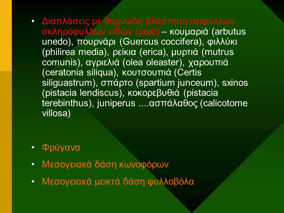 Διαπλάσεις με θαμνώδη βλάστηση αειφύλλων σκληρόφυλλων ειδών (μακί) – κουμαριά (arbutus unedo), πουρνάρι (Guercus coccifera), φιλλύκι (philirea media), ρείκια (erica), μυρτιά (mutrus comunis), αγριελιά (olea oleaster), χαρουπιά (ceratonia siliqua), κουτσουπιά (Certis siliguastrum), σπάρτο (spartium junceum), sxinos (pistacia lendiscus), κοκορεβυθιά (pistacia terebinthus), juniperus....ασπάλαθος (calicotome villosa) Φρύγανα Μεσογειακά δάση κωνοφόρων Μεσογειακά μεικτά δάση φυλλοβόλα