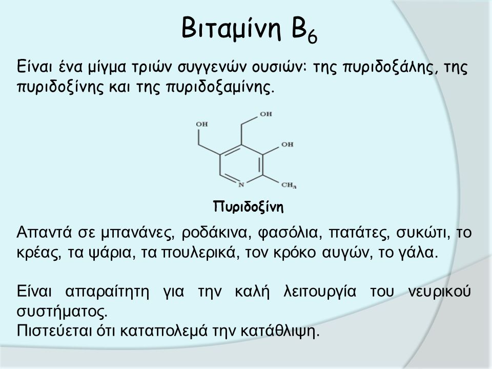 Βιταμίνη Β 6 Είναι ένα μίγμα τριών συγγενών ουσιών: της πυριδοξάλης, της πυριδοξίνης και της πυριδοξαμίνης.