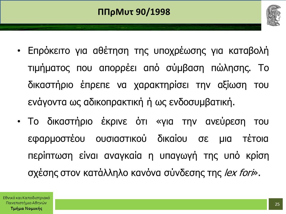 Εθνικό και Καποδιστριακό Πανεπιστήμιο Αθηνών Τμήμα Νομικής ΠΠρΜυτ 90/1998 Επρόκειτο για αθέτηση της υποχρέωσης για καταβολή τιμήματος που απορρέει από σύμβαση πώλησης.