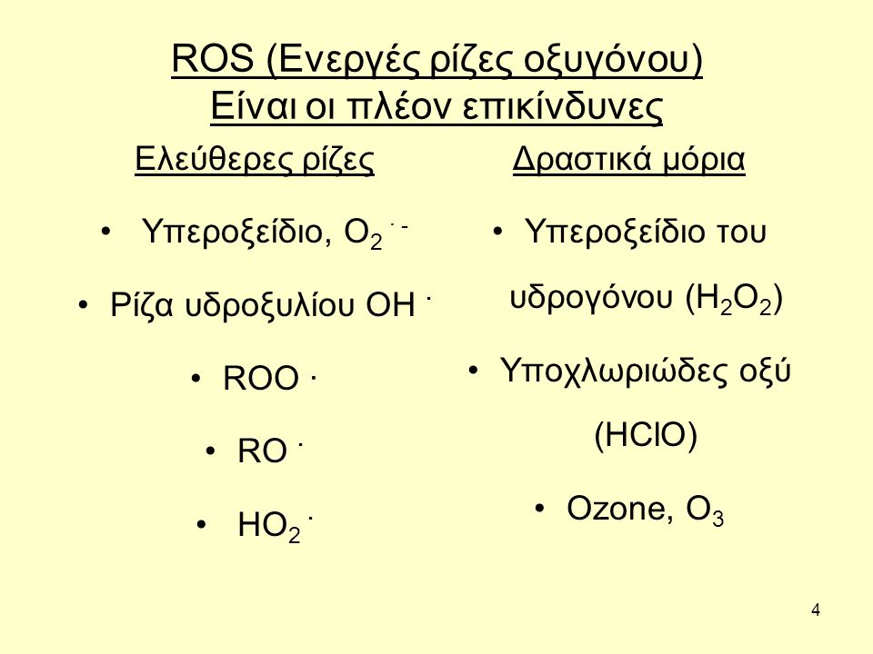 4 ROS (Ενεργές ρίζες οξυγόνου) Είναι οι πλέον επικίνδυνες Ελεύθερες ρίζες Υπεροξείδιο, O 2 · - Ρίζα υδροξυλίου OH · ROO · RO · HO 2 · Δραστικά μόρια Υπεροξείδιο του υδρογόνου (H2O2)(H2O2) Υποχλωριώδες οξύ (HClO) Οzone, O3O3