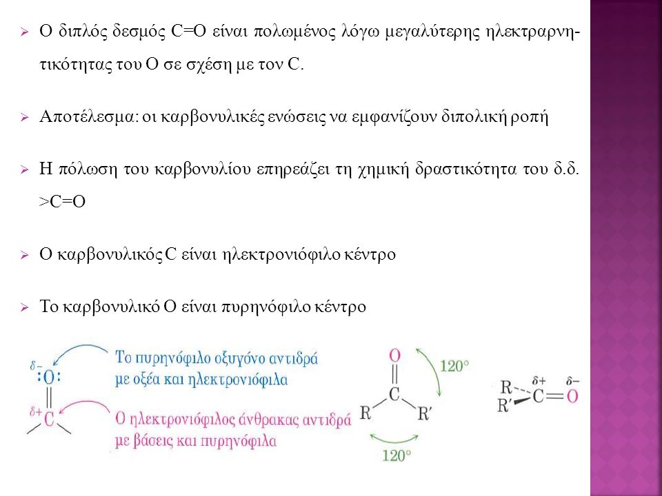  Ο διπλός δεσμός C=O είναι πολωμένος λόγω μεγαλύτερης ηλεκτραρνη- τικότητας του Ο σε σχέση με τον C.