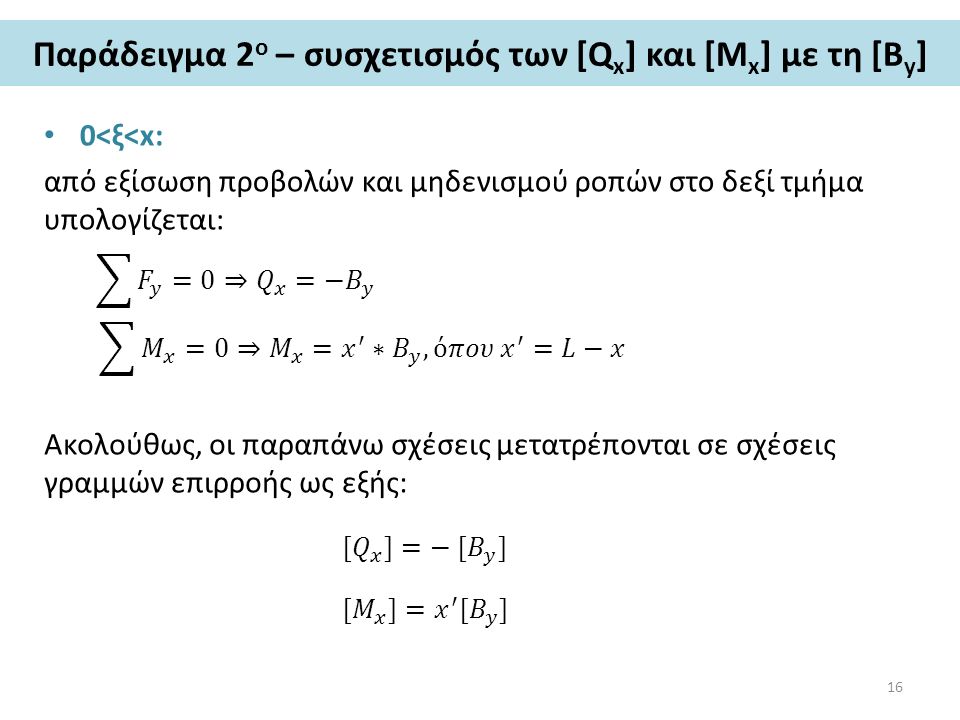 Παράδειγμα 2 ο – συσχετισμός των [Q x ] και [M x ] με τη [Β y ] 0<ξ<x: από εξίσωση προβολών και μηδενισμού ροπών στο δεξί τμήμα υπολογίζεται: Ακολούθως, οι παραπάνω σχέσεις μετατρέπονται σε σχέσεις γραμμών επιρροής ως εξής: 16