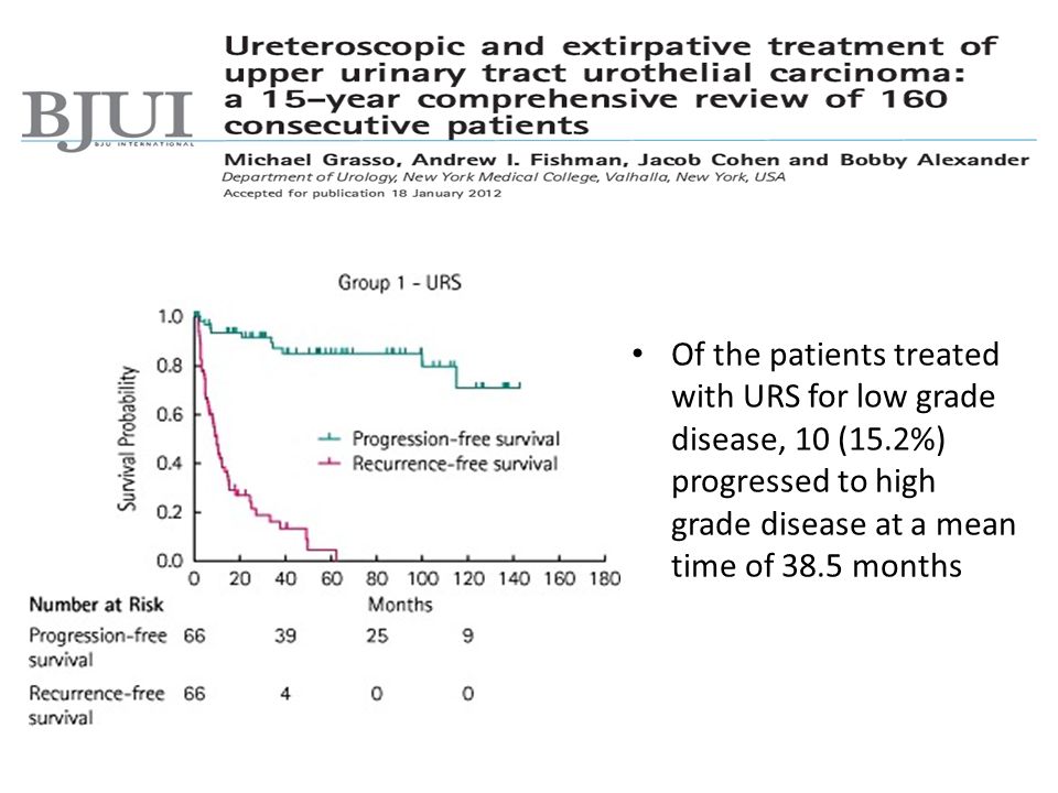 Of the patients treated with URS for low grade disease, 10 (15.2%) progressed to high grade disease at a mean time of 38.5 months