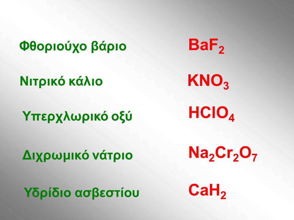 Φθοριούχο βάριο Νιτρικό κάλιο Υπερχλωρικό οξύ Διχρωμικό νάτριο Υδρίδιο ασβεστίου BaF 2 KNO 3 HClO 4 Na 2 Cr 2 O 7 CaH 2