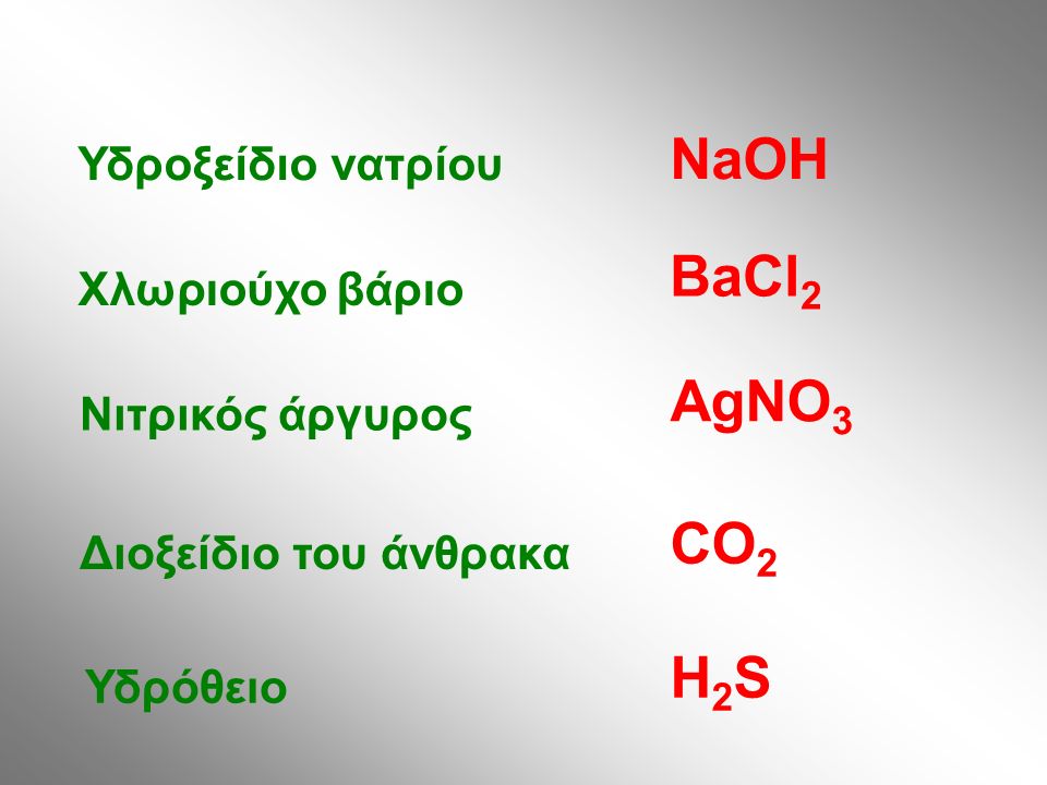 Υδροξείδιο νατρίου Χλωριούχο βάριο Νιτρικός άργυρος Διοξείδιο του άνθρακα Υδρόθειο NaOH BaCl 2 AgNO 3 CO 2 H2SH2S