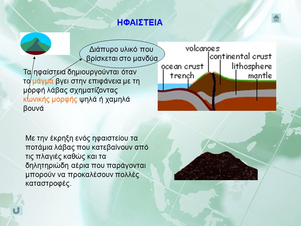 Τα ηφαίστεια δημιουργούνται όταν το μάγμα βγει στην επιφάνεια με τη μορφή λάβας σχηματίζοντας κωνικής μορφής ψηλά ή χαμηλά βουνά Διάπυρο υλικό που βρίσκεται στο μανδύα Με την έκρηξη ενός ηφαιστείου τα ποτάμια λάβας που κατεβαίνουν από τις πλαγιές καθώς και τα δηλητηριώδη αέρια που παράγονται μπορούν να προκαλέσουν πολλές καταστροφές.