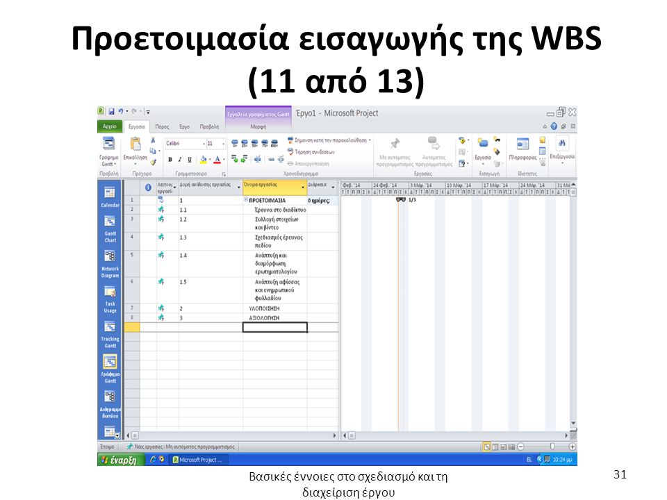 Προετοιμασία εισαγωγής της WBS (11 από 13) Βασικές έννοιες στο σχεδιασμό και τη διαχείριση έργου 31