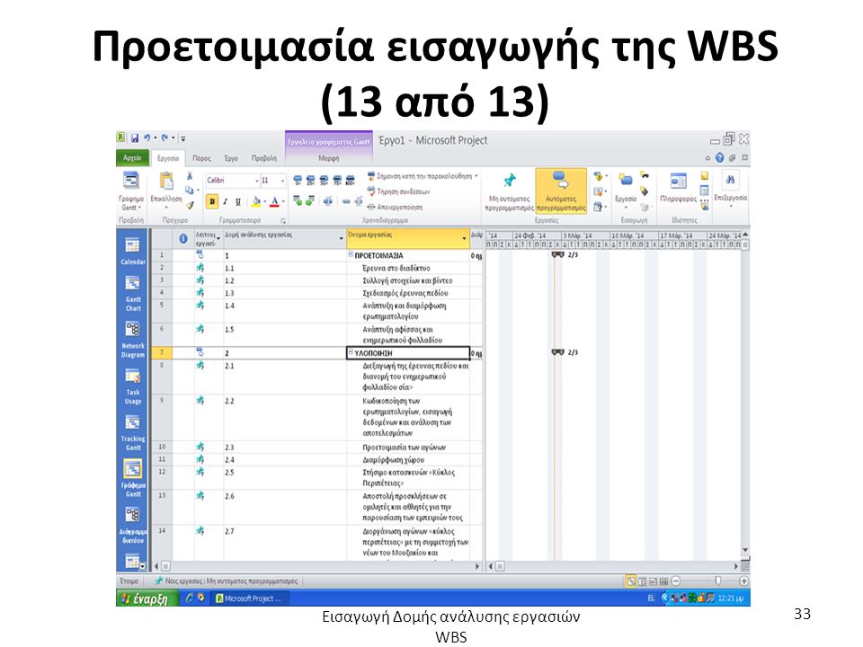 Προετοιμασία εισαγωγής της WBS (13 από 13) Εισαγωγή Δομής ανάλυσης εργασιών WBS 33