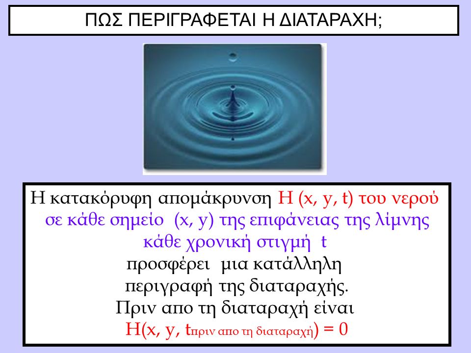 ΠΩΣ ΠΕΡΙΓΡΑΦΕΤΑΙ Η ΔΙΑΤΑΡΑΧΗ; Η κατακόρυφη απομάκρυνση Η (x, y, t) του νερού σε κάθε σημείο (x, y) της επιφάνειας της λίμνης κάθε χρονική στιγμή t προσφέρει μια κατάλληλη περιγραφή της διαταραχής.