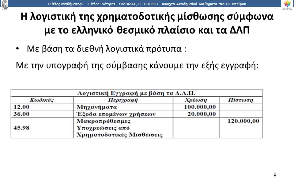 8 -,, ΤΕΙ ΗΠΕΙΡΟΥ - Ανοιχτά Ακαδημαϊκά Μαθήματα στο ΤΕΙ Ηπείρου Η λογιστική της χρηματοδοτικής μίσθωσης σύμφωνα με το ελληνικό θεσμικό πλαίσιο και τα ΔΛΠ Με βάση τα διεθνή λογιστικά πρότυπα : Με την υπογραφή της σύμβασης κάνουμε την εξής εγγραφή: 8