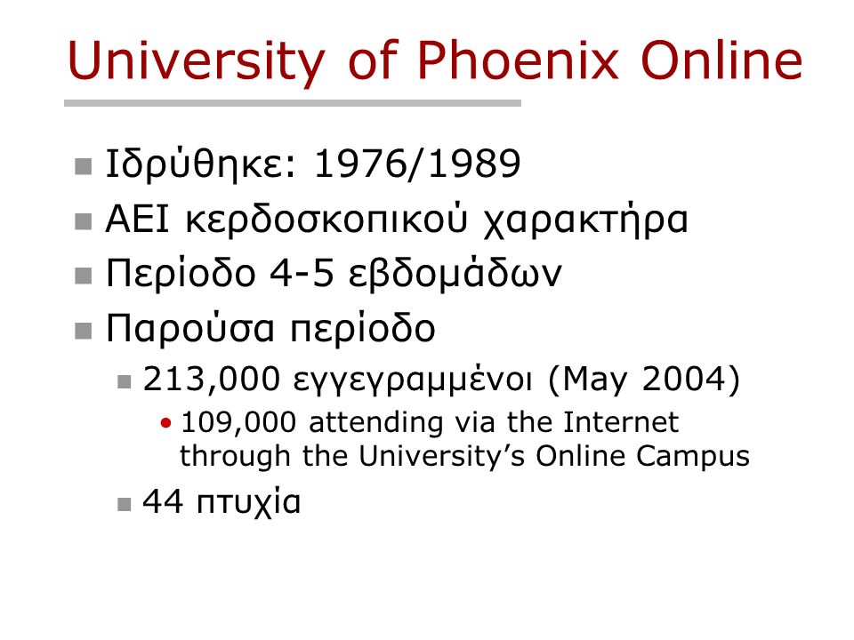 University of Phoenix Online Ιδρύθηκε: 1976/1989 ΑΕΙ κερδοσκοπικού χαρακτήρα Περίοδο 4-5 εβδομάδων Παρούσα περίοδο 213,000 εγγεγραμμένοι (May 2004) 109,000 attending via the Internet through the University’s Online Campus 44 πτυχία