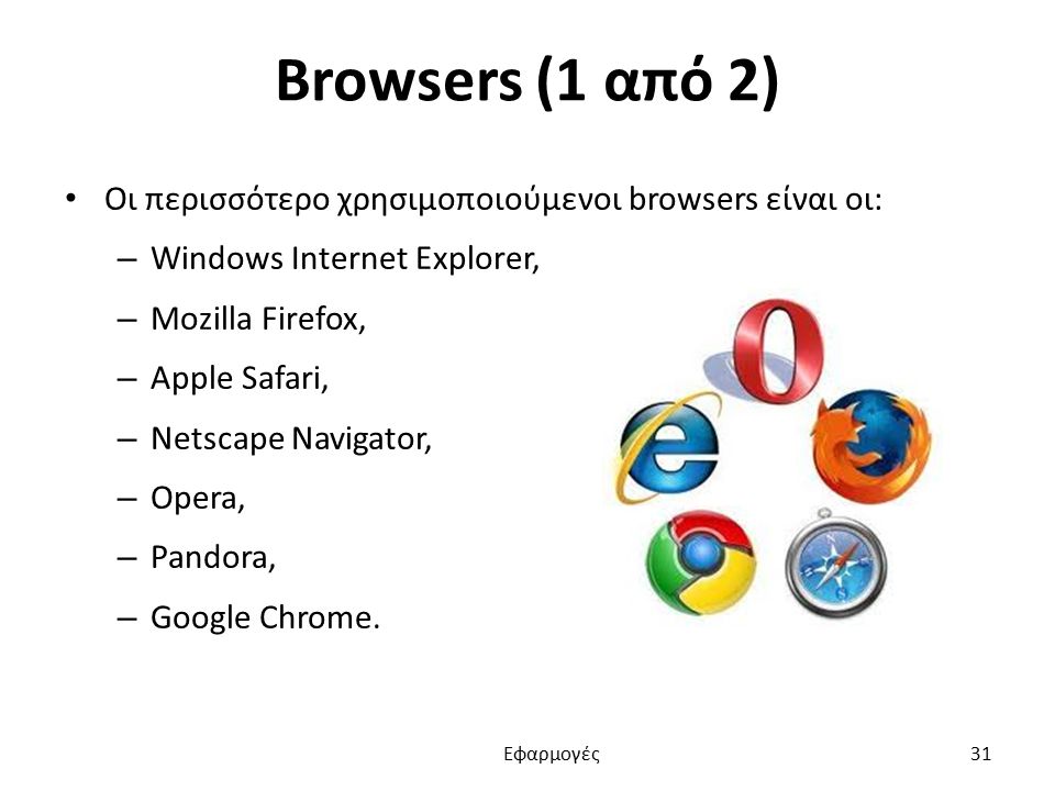 Βrowsers (1 από 2) Οι περισσότερο χρησιμοποιούμενοι browsers είναι οι: – Windows Internet Explorer, – Mozilla Firefox, – Apple Safari, – Netscape Navigator, – Opera, – Pandora, – Google Chrome.