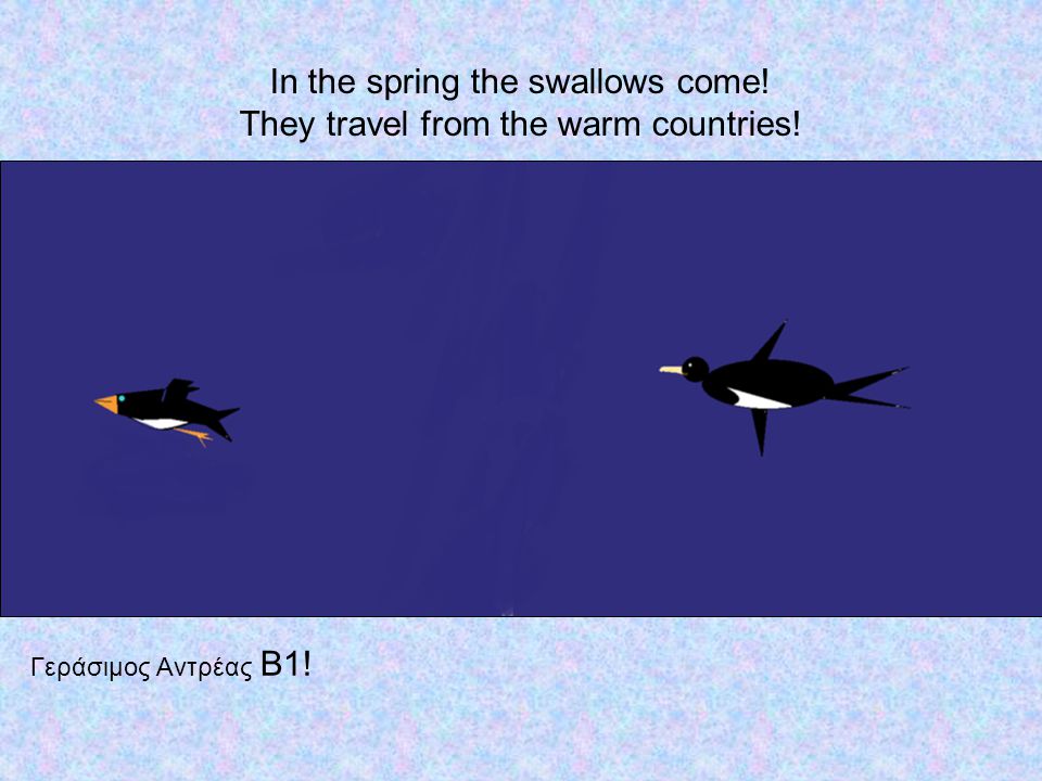 In the spring the swallows come! They travel from the warm countries! Γεράσιμος Αντρέας Β1!