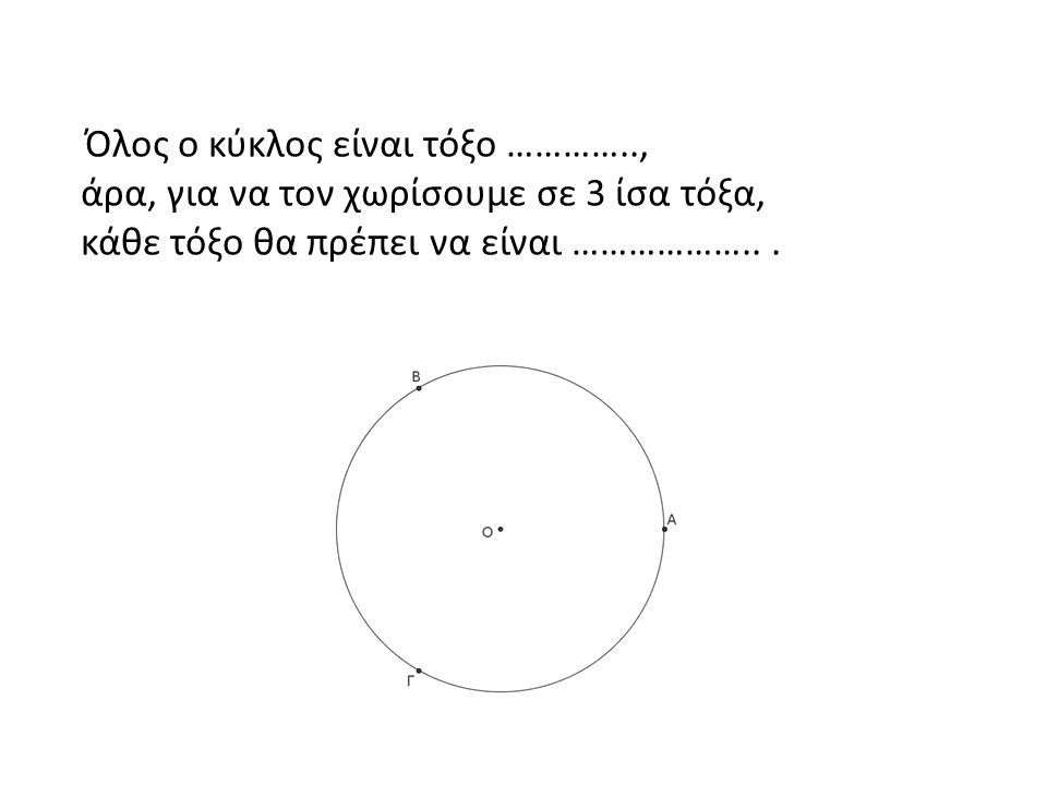 Όλος ο κύκλος είναι τόξο ………….., άρα, για να τον χωρίσουμε σε 3 ίσα τόξα, κάθε τόξο θα πρέπει να είναι ………………...