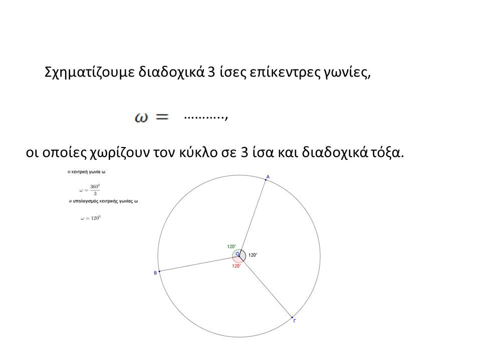 Σχηματίζουμε διαδοχικά 3 ίσες επίκεντρες γωνίες, ……….., οι οποίες χωρίζουν τον κύκλο σε 3 ίσα και διαδοχικά τόξα.