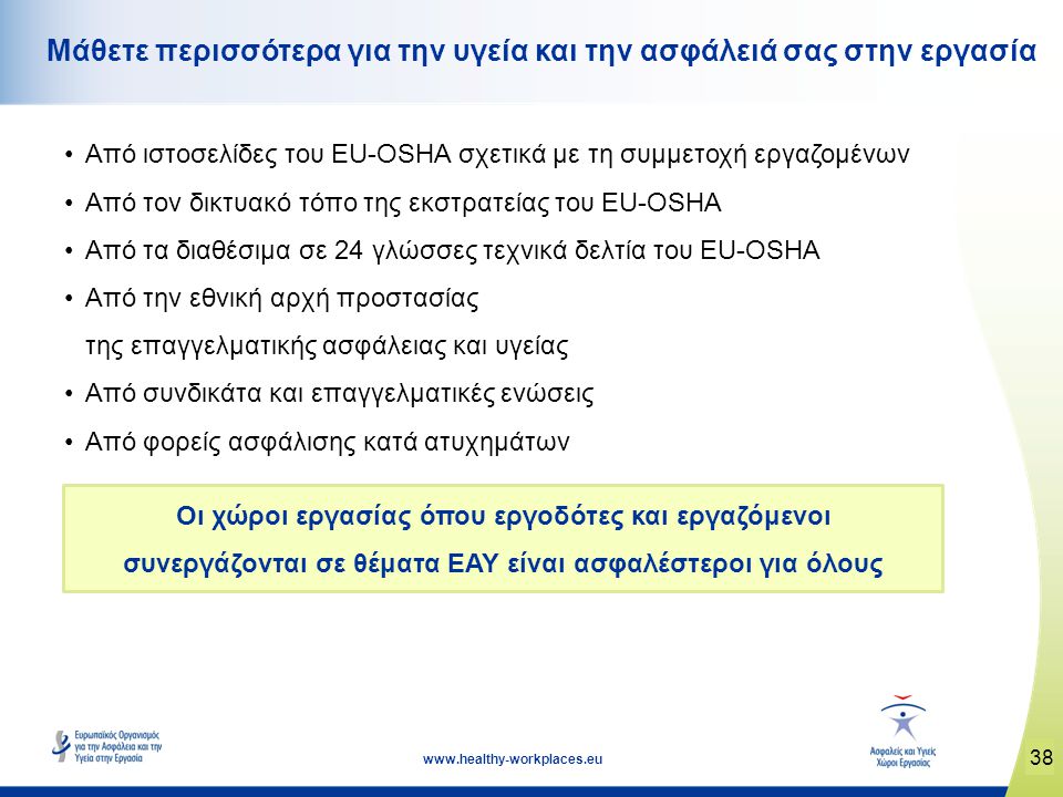 13   Μάθετε περισσότερα για την υγεία και την ασφάλειά σας στην εργασία •Από ιστοσελίδες του EU-OSHA σχετικά με τη συμμετοχή εργαζομένων •Από τον δικτυακό τόπο της εκστρατείας του EU-OSHA •Από τα διαθέσιμα σε 24 γλώσσες τεχνικά δελτία του EU-OSHA •Από την εθνική αρχή προστασίας της επαγγελματικής ασφάλειας και υγείας •Από συνδικάτα και επαγγελματικές ενώσεις •Από φορείς ασφάλισης κατά ατυχημάτων Οι χώροι εργασίας όπου εργοδότες και εργαζόμενοι συνεργάζονται σε θέματα ΕΑΥ είναι ασφαλέστεροι για όλους 38