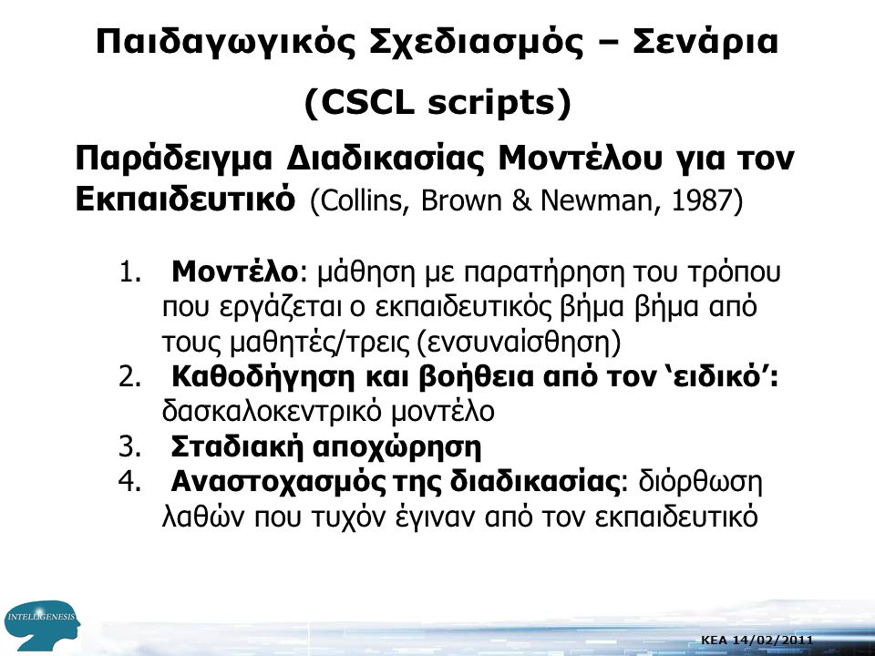KEA 14/02/2011 Παιδαγωγικός Σχεδιασμός – Σενάρια (CSCL scripts) Παράδειγμα Διαδικασίας Μοντέλου για τον Εκπαιδευτικό (Collins, Brown & Newman, 1987) 1.