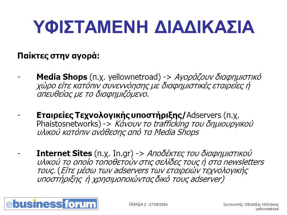 ΟΜΑΔΑ /09/2004 Συντονιστής: Οδυσσέας Ντότσικας yellownetroad ΥΦΙΣΤΑΜΕΝΗ ΔΙΑΔΙΚΑΣΙΑ Παίκτες στην αγορά: -Media Shops (π.χ.