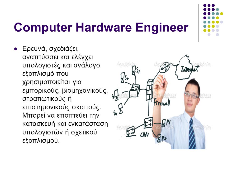 Computer Hardware Engineer  Ερευνά, σχεδιάζει, αναπτύσσει και ελέγχει υπολογιστές και ανάλογο εξοπλισμό που χρησιμοποιείται για εμπορικούς, βιομηχανικούς, στρατιωτικούς ή επιστημονικούς σκοπούς.