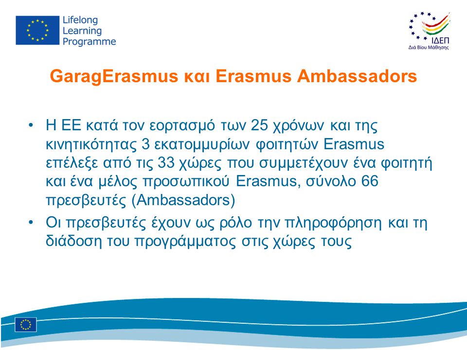 GaragErasmus και Erasmus Ambassadors •Η ΕΕ κατά τον εορτασμό των 25 χρόνων και της κινητικότητας 3 εκατομμυρίων φοιτητών Erasmus επέλεξε από τις 33 χώρες που συμμετέχουν ένα φοιτητή και ένα μέλος προσωπικού Erasmus, σύνολο 66 πρεσβευτές (Ambassadors) •Οι πρεσβευτές έχουν ως ρόλο την πληροφόρηση και τη διάδοση του προγράμματος στις χώρες τους